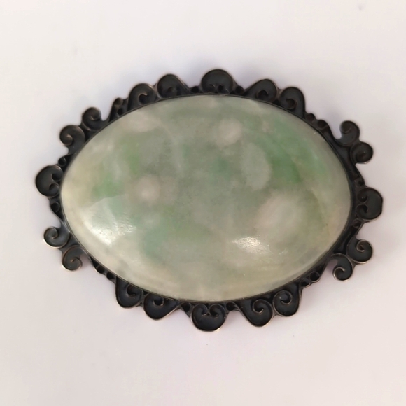 Vintage Sterling Silver Oval Cabochon Green Stone Agate ? Brooch Pin - Mexico - Picture 2 of 11